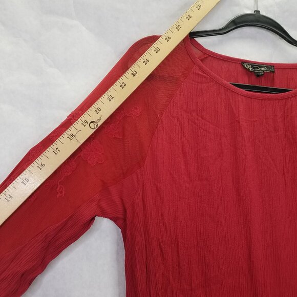 DG2 Diane Gilman Womens L Long Sleeve Blouse Red Embroidered Mesh Shoulder Crepe - Picture 13 of 14